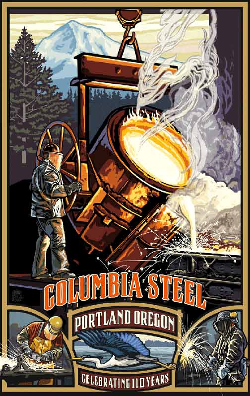 Illustrated poster celebrating Columbia Steel's 110 anniversary