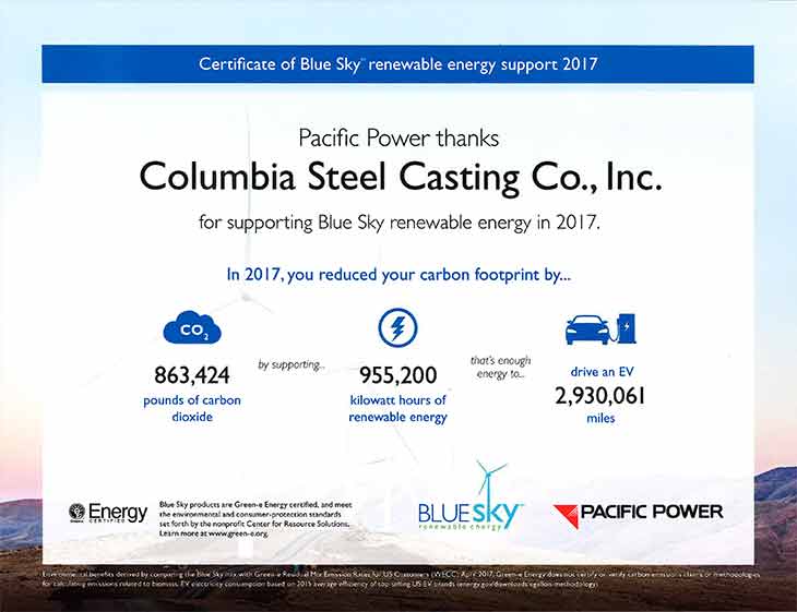 Since 2004, a portion of Columbia Steel's power has come from renewable wind generation.