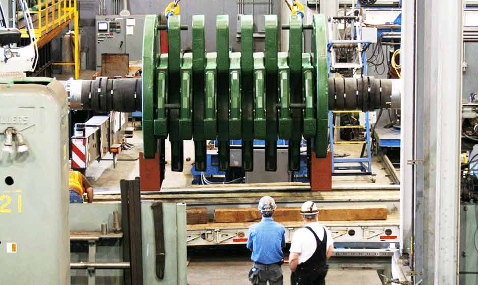 Large shredder rotor assembly in Columbia Steel's machine shop