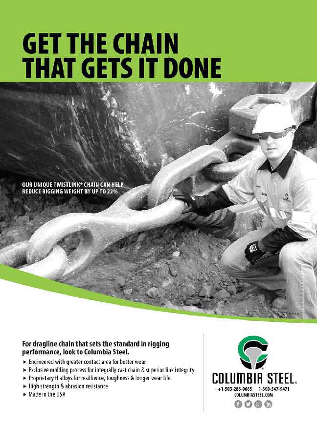Columbia Steel's dragline wear parts ad that ran in the June 2015 issue of Coal Age Magazine