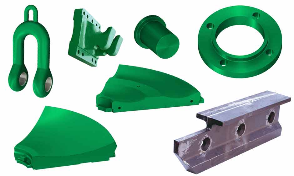 A sampling of Columbia Steel's Polysius roller mill wear parts, which include table liner segments, sweep castings, tension rod seals, guide pins, hooks, and shackles