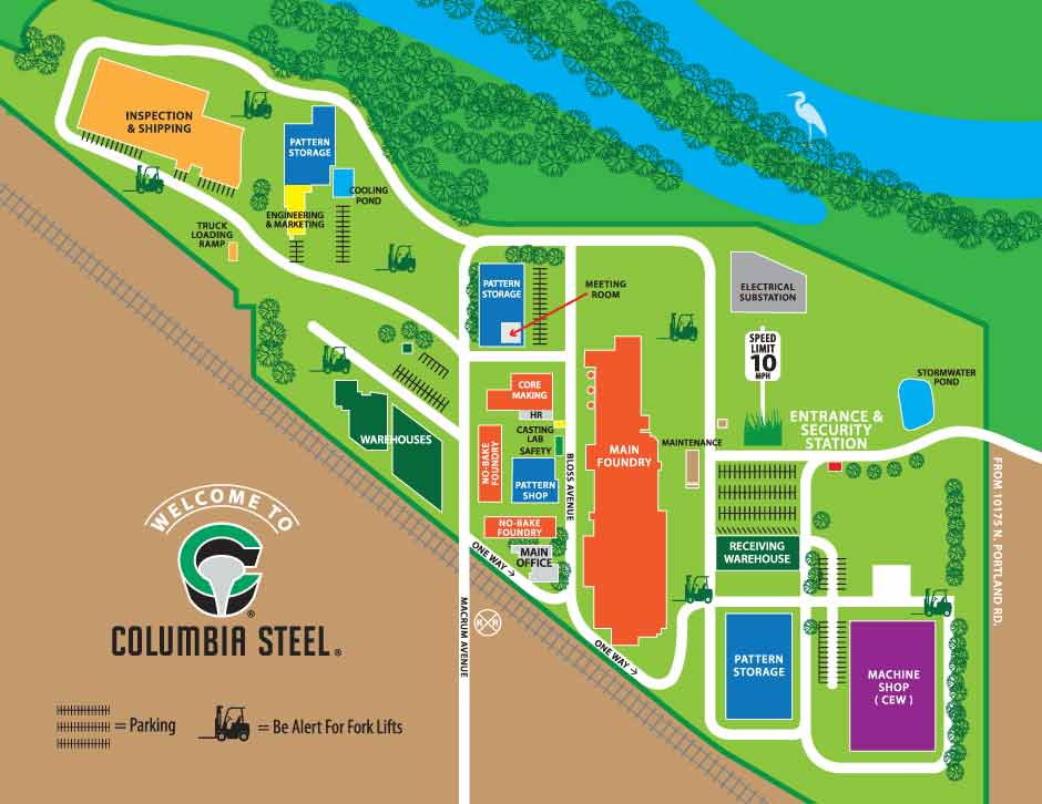 An illustrated map of Columbia Steel's facilities in Portland, Oregon