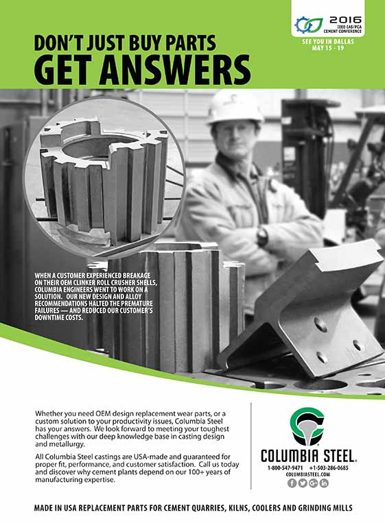 Columbia Steel's ad in the May 2016 issue of World Cement Magazine